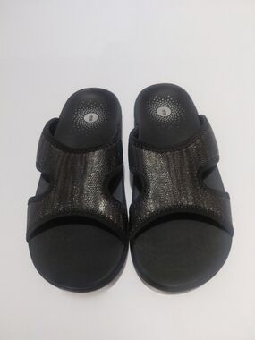 NWOT REVITALIGN Brook Orthotic Women Sz 8.5 Black Pewter Shimmery Slide Sandals